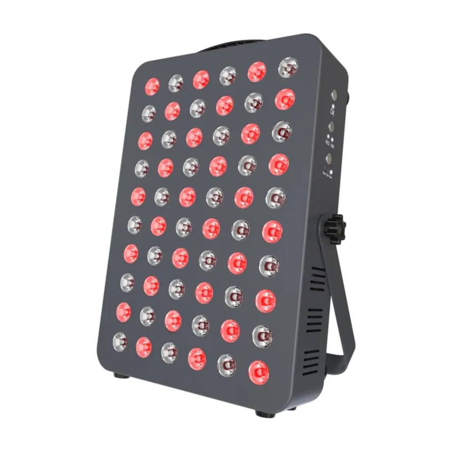 The Hooga HG300 red light therapy panel, a rectangular grey panel of 60 red and near-infrared LEDs on a kickstand.