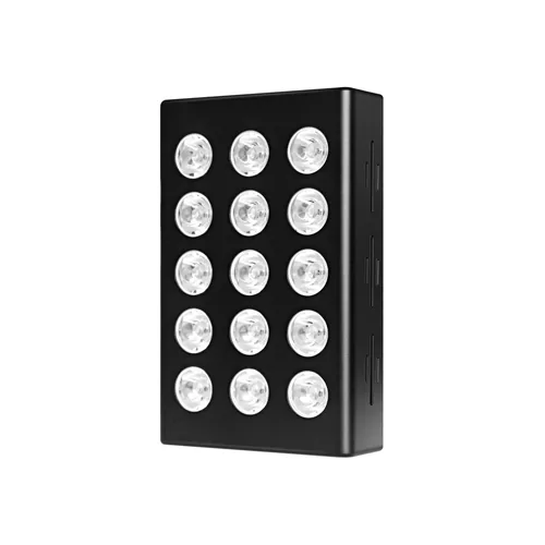 The Vellgus mini red light therapy panel, a small black handheld panel of 75 red and near-infrared LEDs.